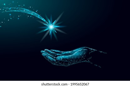 3D make a wish star on hand. Emotional holiday tradition wishlist. Hope for happiness concept. Low poly magical comet falling meteorite vector illustration