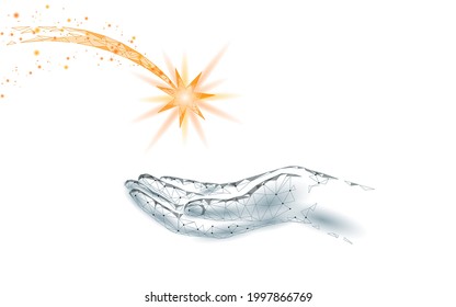 3D make a wish star on hand. Emotional holiday tradition wishlist. Hope for happiness concept. Low poly magical comet falling meteorite vector illustration