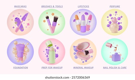 3d Makeup Categories Cosmetic Product Concept Ads Banner Poster Card. Vector illustration of Foundation, Mascara, Lipstick and Perfume Bottle