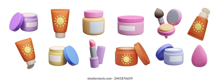 3D makeup cosmetic product bundle isolated on white. Cute cartoon style colorful 3D cream jar, facial powder palette, beauty blender brush, lipstick, sunscreen lotion bottle set. Beauty skincare set.