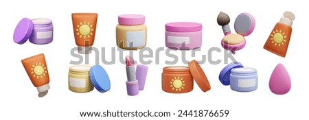 3D makeup cosmetic product bundle isolated on white. Cute cartoon style colorful 3D cream jar, facial powder palette, beauty blender brush, lipstick, sunscreen lotion bottle set. Beauty skincare set.