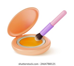 3d Makeup Cosmetic Product Concept Cartoon Design Style Vibrant Eyeshadow and Professional Brush Isolated on a White Background. Vector illustration