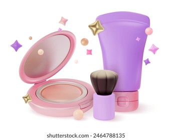 Maquillaje 3d Cosmético Concepto de Producto Diseño de Dibujos Animados Estilo Foundation Tube, Cara en Polvo y Cepillo de Profesional. Ilustración vectorial