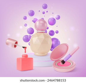 3D Make-up Kosmetische Produkt Concept Cartoon Design Stil Parfümflasche, Blush, Pinsel und Nagellack. Vektorillustration