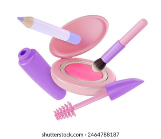 3d Makeup Cosmetic Product Concept Cartoon Design Style Mascara, Eyeliner, Professional Brush and Eyeshadow. Vector illustration