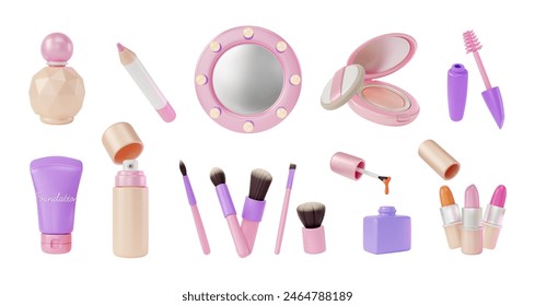 3d Makeup Cosmetic Product Concept Cartoon Design Style. Vector illustration of Face Powder, Lipstick, Brush and Mist Spray Bottle