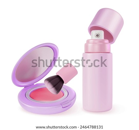 3d Makeup Cosmetic Product Concept Cartoon Design Style Blush, Brush and Mist Spray Bottle. Vector illustration