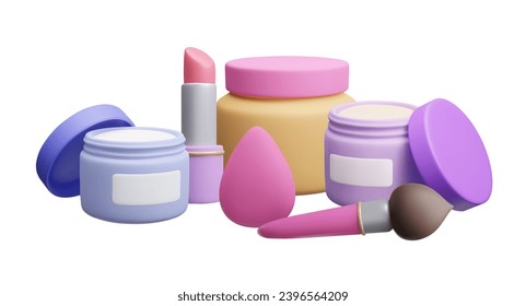 3D makeup cosmetic product set collection isolated on white. Colorful 3D moisturizing cream jar, makeup sponge, lipstick, cosmetic brush advertising scene. Beauty treatment cosmetic product 3d mockup.