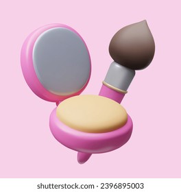 conjunto de productos cosméticos de maquillaje 3D. Paleta de pólvora facial compacta 3D con pincel de maquillaje aislado sobre fondo rosa. La maquillaje de belleza de la escena de la escena de la burla muestra la presentación 3D.