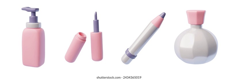 Conjunto de vectores de productos cosméticos de maquillaje 3D. Perfume, delineador de ojos, lápiz labial y dispensador de tubos de crema. Equipo de salón de belleza. Accesorios de moda rosa, tratamiento de cuidado de la piel aislado en blanco