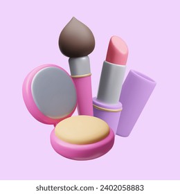 3D makeup cosmetics advertising scene vector illustration. 3D cartoon style colorful beauty cosmetic products: compact powder palette, makeup brush, lipstick lip balm isolated on light background.