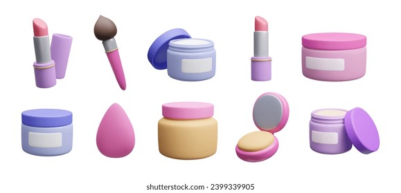 3D makeup cosmetics icon set. Cute colorful cartoon style 3D lipstick, moisturizer cream jar, facial compact powder palette, makeup sponge brush accessories. Bundle of beauty skincare products 3D.