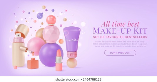 3d Makeup Kit Cosmetic Product Concept Ads Banner Poster Card. Vector illustration