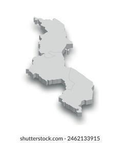 3d Malawi white map with regions isolated on white background