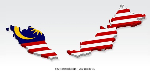 3D  Malaysia map with flag. Three dimensional map of Malaysia with shadow. Flag  Malaysia on white background for your design, app, UI.  Stock vector. EPS10. 