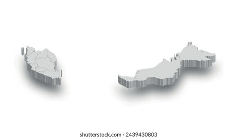 3d Malaysia white map with regions isolated on white background