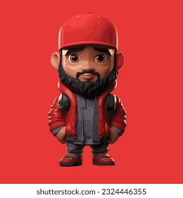 3D Male character bearded wearing red jacket and red hat