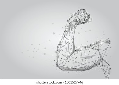 3D male hand muscles connected dots low poly wireframe. Polygonal physical strength, bodybuilder, athlete body mesh art vector illustration. Human power 