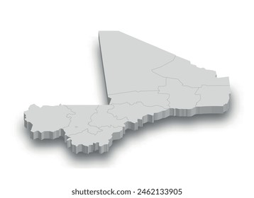 Mapa blanco de Mali 3d con regiones aisladas sobre fondo blanco