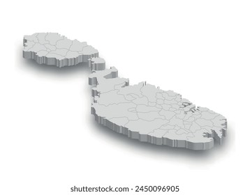 3d Malta white map with regions isolated on white background