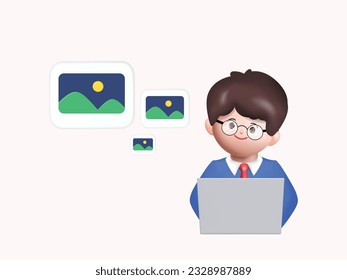 3D man AI chat bot on computer generate images on big cloud. Concept Artificial intelligence application services. 3D vector rendering.

