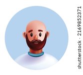 3D man avatar, vector cartoon character face, male person portrait in circle, bold young freelancer. Bearded guy, white t-shirt, positive emotion adult human head. 3D avatar, social media profile icon