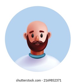 3D man avatar, vector cartoon character face, male person portrait in circle, bold young freelancer. Bearded guy, white t-shirt, positive emotion adult human head. 3D avatar, social media profile icon