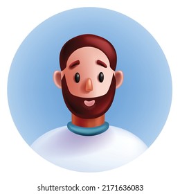 3D man avatar, young freelancer, vector cartoon character face, male person portrait in circle. Bearded guy, adult human head, white t-shirt, positive emotion. 3D avatar, social media profile icon