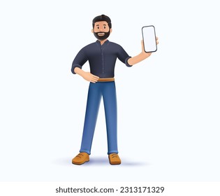 3D man character with smartphones, empty screen advertisement mobile phone, mobile app. 3D render illustration