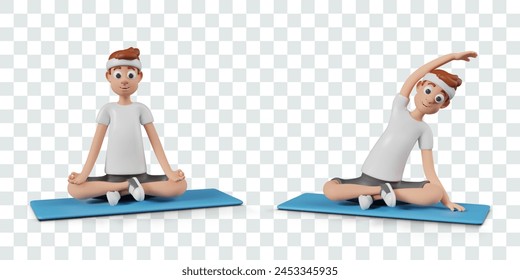 3D man doing yoga. Male character in lotus position sits straight, leans to side