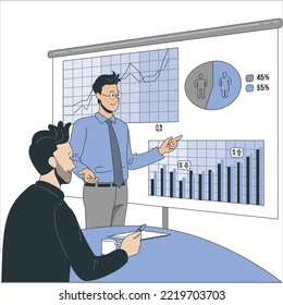 Mitarbeiter von 3d Man, die mit Business Graphics zusammenarbeiten und darüber diskutieren, berichten über große Laptops. Geschäftsleute stehen in der Nähe des Bildschirms und schauen sich Statistikdiagramme und -diagramme an.