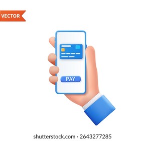 3d man hand hold smartphone with online bank application. Bank credit card on the screen. Online payment concept. 3d render. Vector illustration