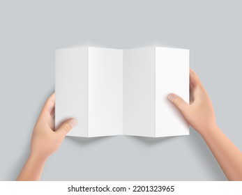 3D Man Hand Holding Blank Trifold Booklet. EPS10 Vector