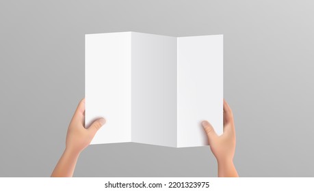 3D Man Hand Holding Blank Trifold Booklet. EPS10 Vector