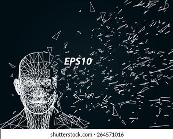 3d man head in triangle particles. Abstract black background. 