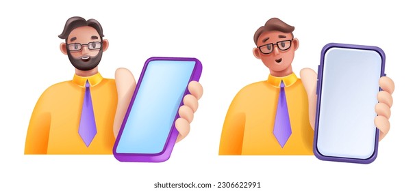 3D man hold smartphone set, smiling excited vector cartoon character with phone, digital SMM manager. Male businessman with cellphone, device screen social media concept. Guy hold smartphone clipart