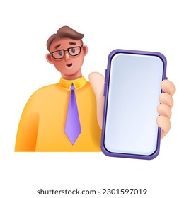 3D man hold smartphone, smiling excited vector cartoon character with phone, digital SMM manager. Male businessman with cellphone, device screen social media concept. Guy hold smartphone clipart