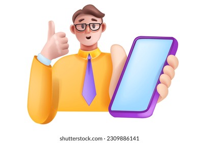 3D-Mann hält Smartphone, lächelnd aufgeregten Cartoon Vektorgrafik mit Telefon, Digital SMM-Manager. Männlicher Geschäftsmann mit Handy, Gerät Bildschirm SMM Konzept. Guy Daumen hoch halten Smartphone-Clip-Art