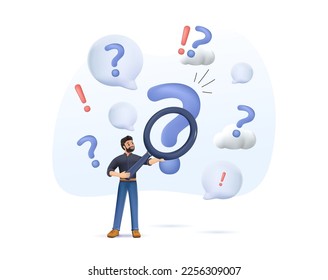 3D man holding magnifying glass and looking through it at interrogation points. 3D render concept of frequently asked questions, query, investigation, search for information. Modern 3D vector svg