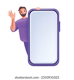 3D man with huge smartphone, cartoon vector happy male character advertising shop, waving hand. Empty cellphone screen background, marketing online service web template. Young man with smartphone