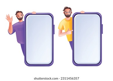 3D man with huge smartphone set, cartoon vector happy male character advertising shop, waving hand. Empty cellphone screen background, marketing online service web template. Young man with smartphone