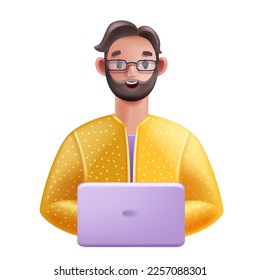 Icono de hombre 3D, caricatura cara de personaje masculino, gafas, computadora, avatar vector de persona de negocios. Exitoso joven trabajador, un estudiante lindo y sonriente, feliz entrenador gracioso. Icono de retrato de cabeza de Office man