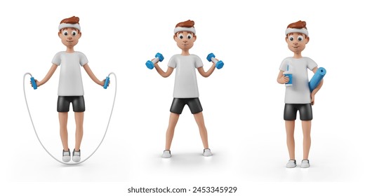 3D man jumping rope, training with dumbbells, standing with yoga mat