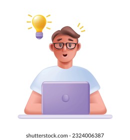 3D man laptop, vector person home office, cartoon male freelance character, smiling young worker. Online education university student concept, businessman creative idea bulb. Sitting man use laptop 