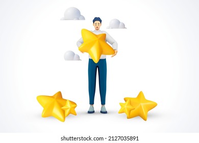 3d man review 5 stars in mobile application. high positive feedback realistic 3d high customer rating on the job. stars golden yellow glossy color ,stars quality rating vector illustration render