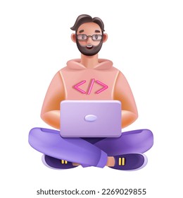 3D man sitting with laptop computer, vector cartoon male character face, glasses, business person. Successful young guy worker, smiling cute student happy funny manager. Office man laptop figure