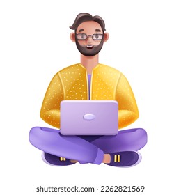 3D man sitting with laptop, vector cartoon male character face, glasses, computer, business person. Successful young guy worker, smiling cute student happy funny manager. Office man laptop figure