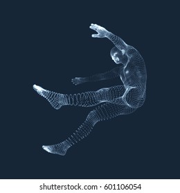 3d Man Slipping and Falling. Silhouette of a Man Fallen Down. 3D Model of Man. Human Body Model. Vector Illustration.