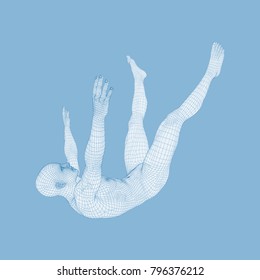 3d Man Slipping and Falling. Silhouette of a Man Fallen Down. 3D Model of Man. Human Body Model. Vector Illustration.