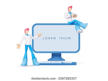 3D man touching smartphone screen with a big computer behind. Online working and shopping. Web communication